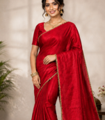 Red Color alpha with beads hand work rich border work Chiffon Saree