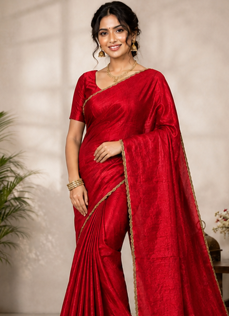 Red Color alpha with beads hand work rich border work Chiffon Saree