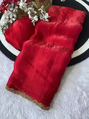 Red Color alpha with beads hand work rich border work Chiffon Saree 4