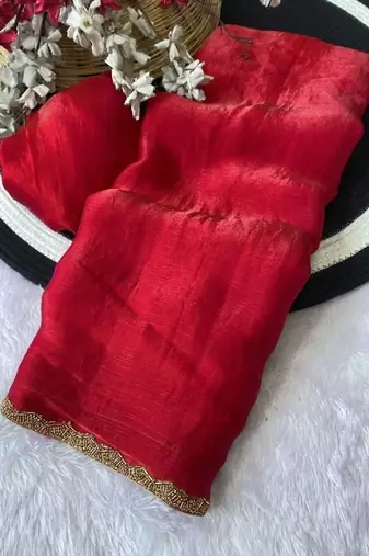 Red Color alpha with beads hand work rich border work Chiffon Saree