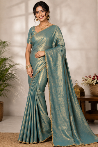 Sea Green Color alpha with beads hand work rich border work Chiffon Saree