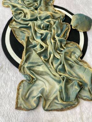 Sea Green Color alpha with beads hand work rich border work Chiffon Saree 2