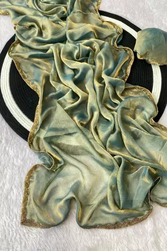 Sea Green Color alpha with beads hand work rich border work Chiffon Saree