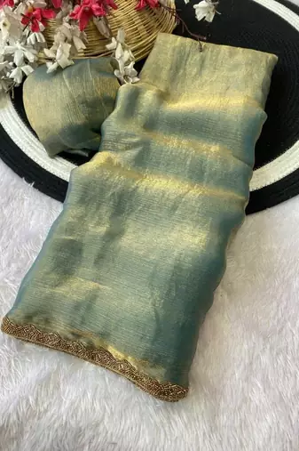 Sea Green Color alpha with beads hand work rich border work Chiffon Saree