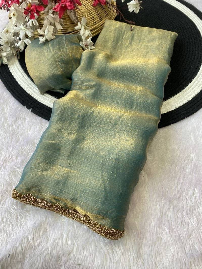 Sea Green Color alpha with beads hand work rich border work Chiffon Saree