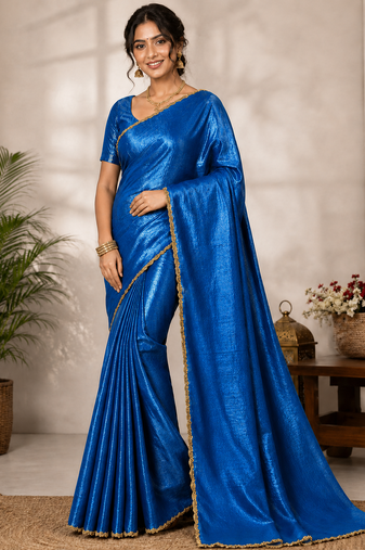 Teal Color alpha with beads hand work rich border work Chiffon Saree