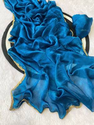 Teal Color alpha with beads hand work rich border work Chiffon Saree 2