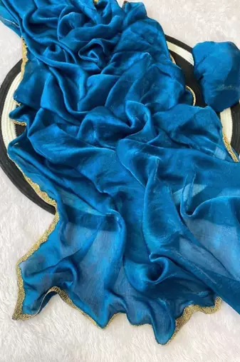 Teal Color alpha with beads hand work rich border work Chiffon Saree