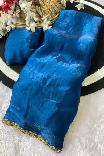 Teal Color alpha with beads hand work rich border work Chiffon Saree