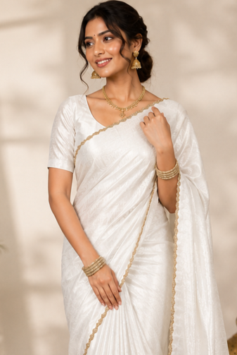 White Color alpha with beads hand work rich border work Chiffon Saree