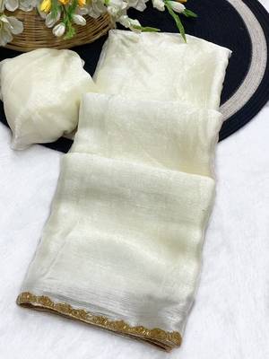 White Color alpha with beads hand work rich border work Chiffon Saree 4