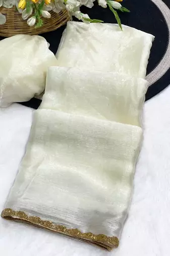 White Color alpha with beads hand work rich border work Chiffon Saree