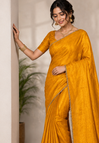 Yellow Color alpha with beads hand work rich border work Chiffon Saree