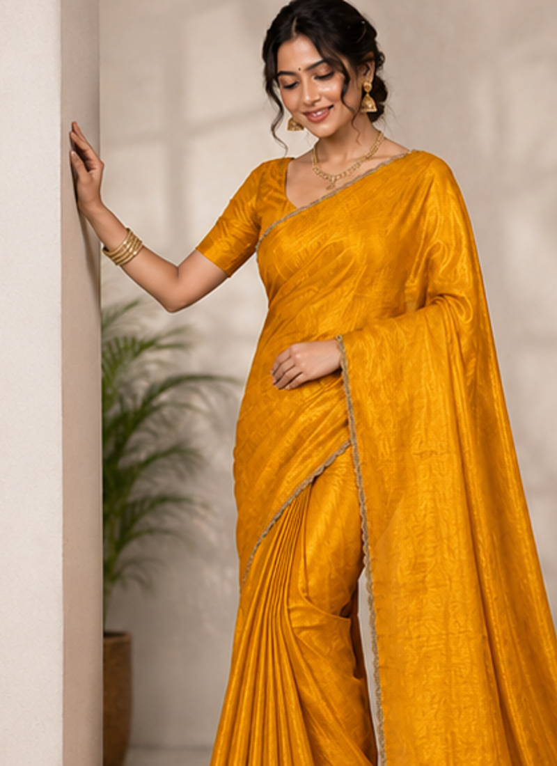 Yellow Color alpha with beads hand work rich border work Chiffon Saree