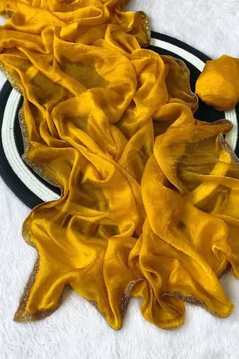 Yellow Color alpha with beads hand work rich border work Chiffon Saree