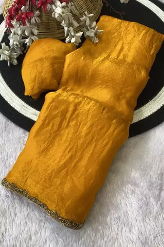 Yellow Color alpha with beads hand work rich border work Chiffon Saree