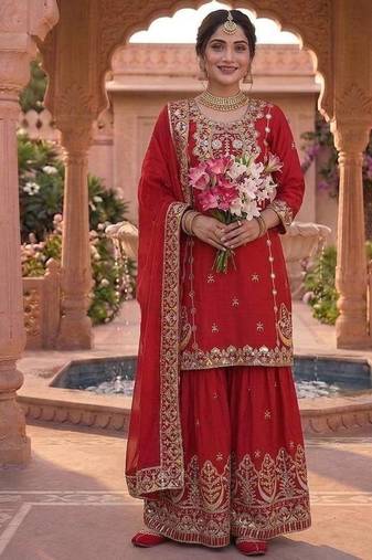 Red Color Embroidery Work Silk Blend Salwar Suit