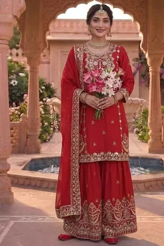 Red Color Embroidery Work Silk Blend Salwar Suit