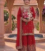 Red Color Embroidery Work Silk Blend Salwar Suit