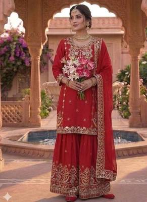 Red Color Embroidery Work Silk Blend Salwar Suit 2