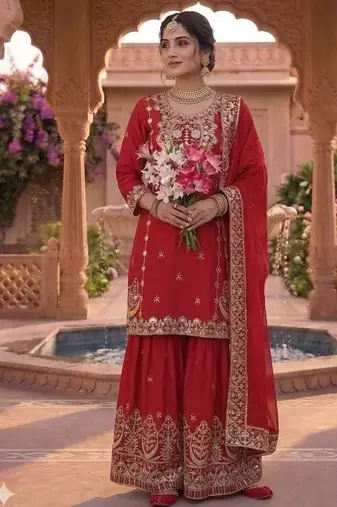 Red Color Embroidery Work Silk Blend Salwar Suit