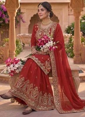 Red Color Embroidery Work Silk Blend Salwar Suit 3