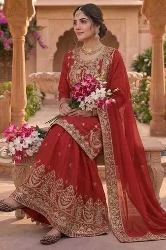 Red Color Embroidery Work Silk Blend Salwar Suit
