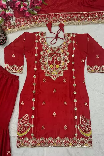 Red Color Embroidery Work Silk Blend Salwar Suit