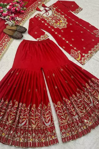 Red Color Embroidery Work Silk Blend Salwar Suit