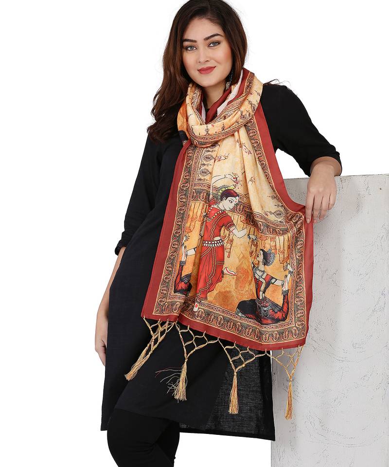 Digital motif print cotton maslin silk stall or scarf dupatta wear on kurti for women and girls