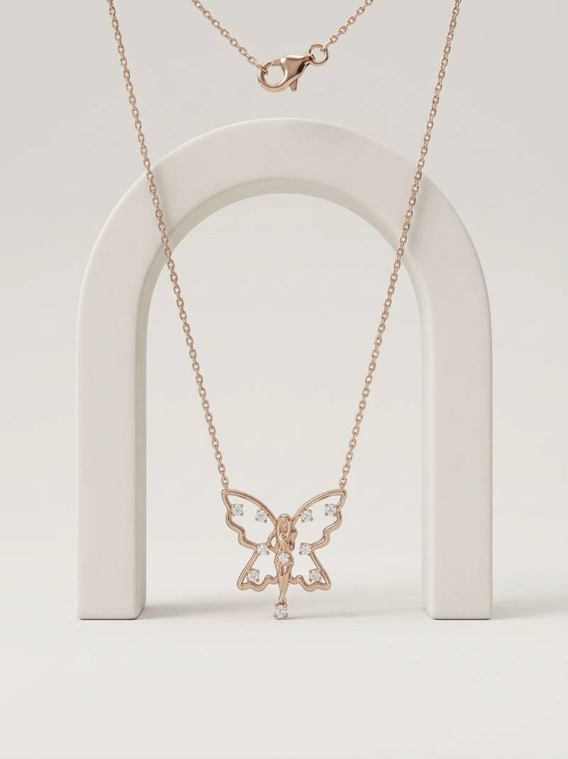 925 Sterling Silver Rose Gold Butterfly CZ Fairy Pendant Necklace Set for Women