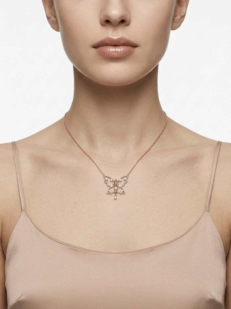 925 Sterling Silver Rose Gold Butterfly CZ Fairy Pendant Necklace Set for Women