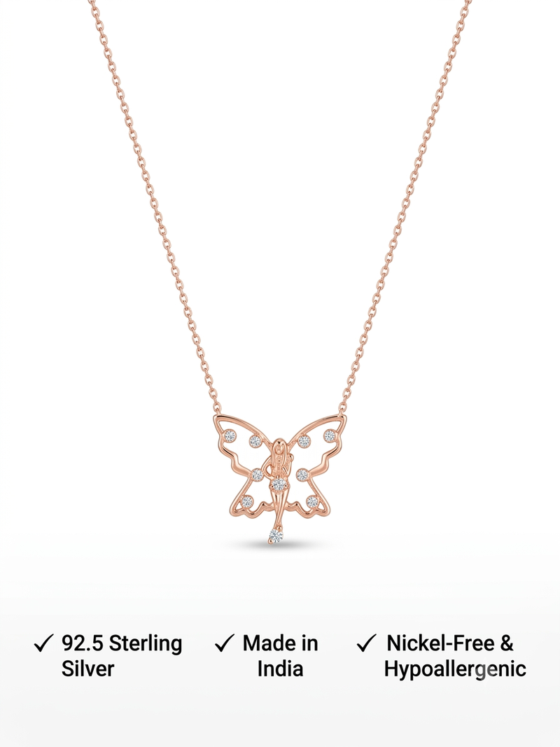 925 Sterling Silver Rose Gold Butterfly CZ Fairy Pendant Necklace Set for Women