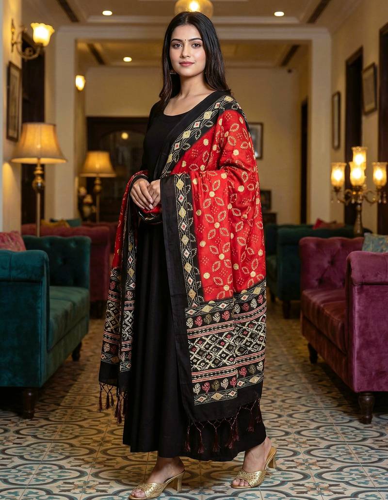 Traditional ethnic motif print  assm silk dupatta