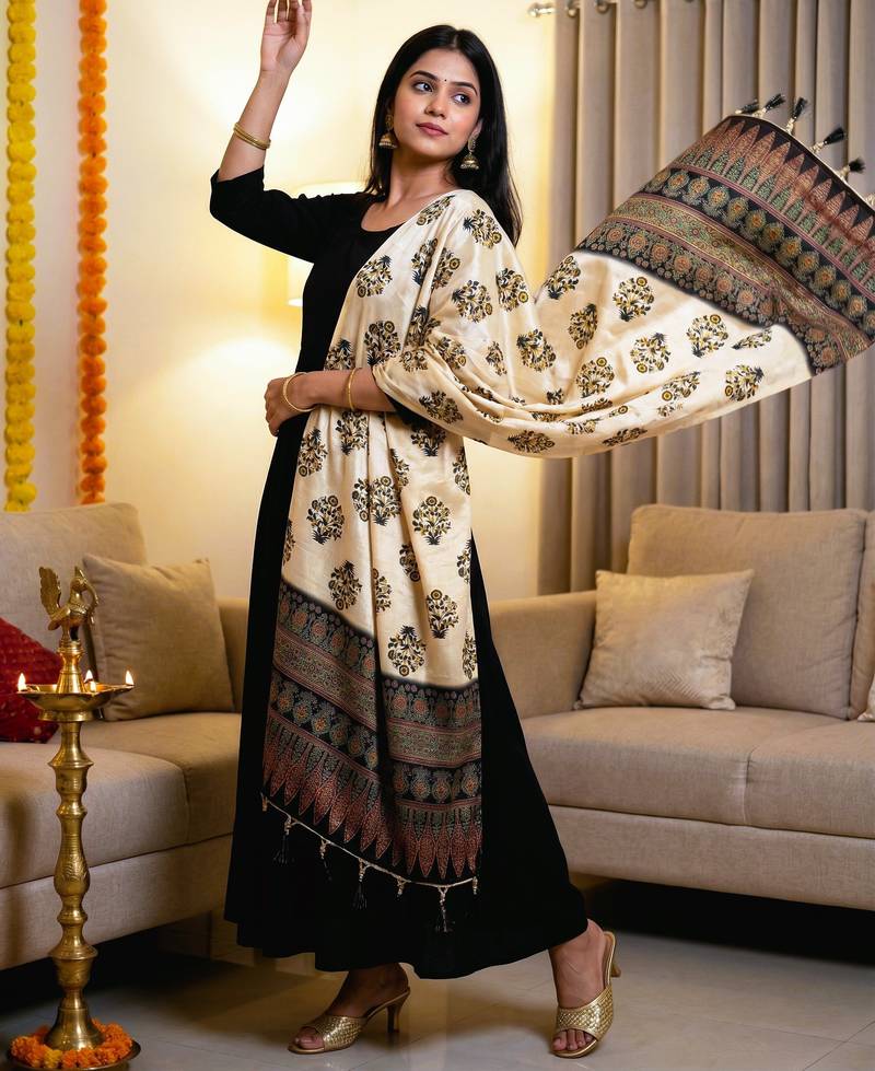 Block ethnic motif print  chinon silk dupatta