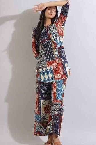 Women printed cotton patchwork co-ord set