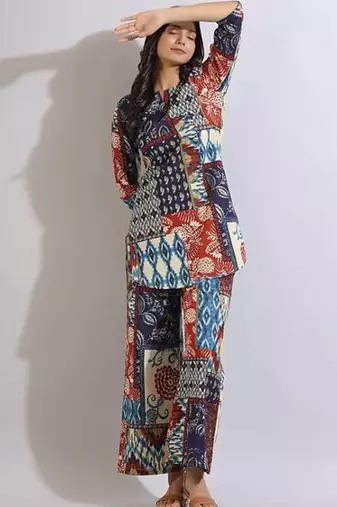 Women printed cotton patchwork co-ord set