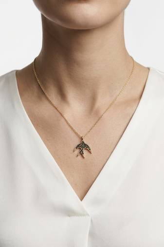 925 Sterling Silver Gold Black CZ Swallow  Bird Pendant Necklace Set  for Women