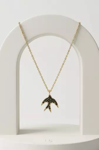 925 Sterling Silver Gold Black CZ Swallow  Bird Pendant Necklace Set  for Women