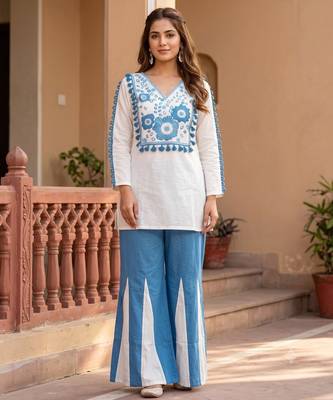 White & Cerulean Blue Embroidered Cotton Co-Ord Set 1