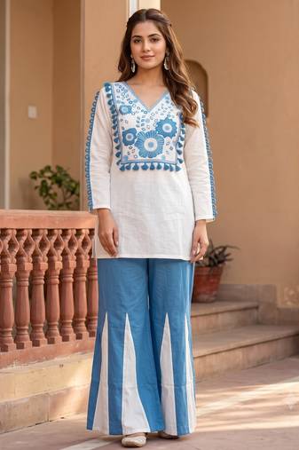 White & Cerulean Blue Embroidered Cotton Co-Ord Set