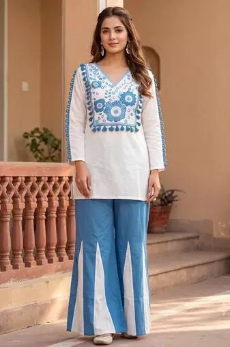 White & Cerulean Blue Embroidered Cotton Co-Ord Set