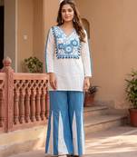 White & Cerulean Blue Embroidered Cotton Co-Ord Set