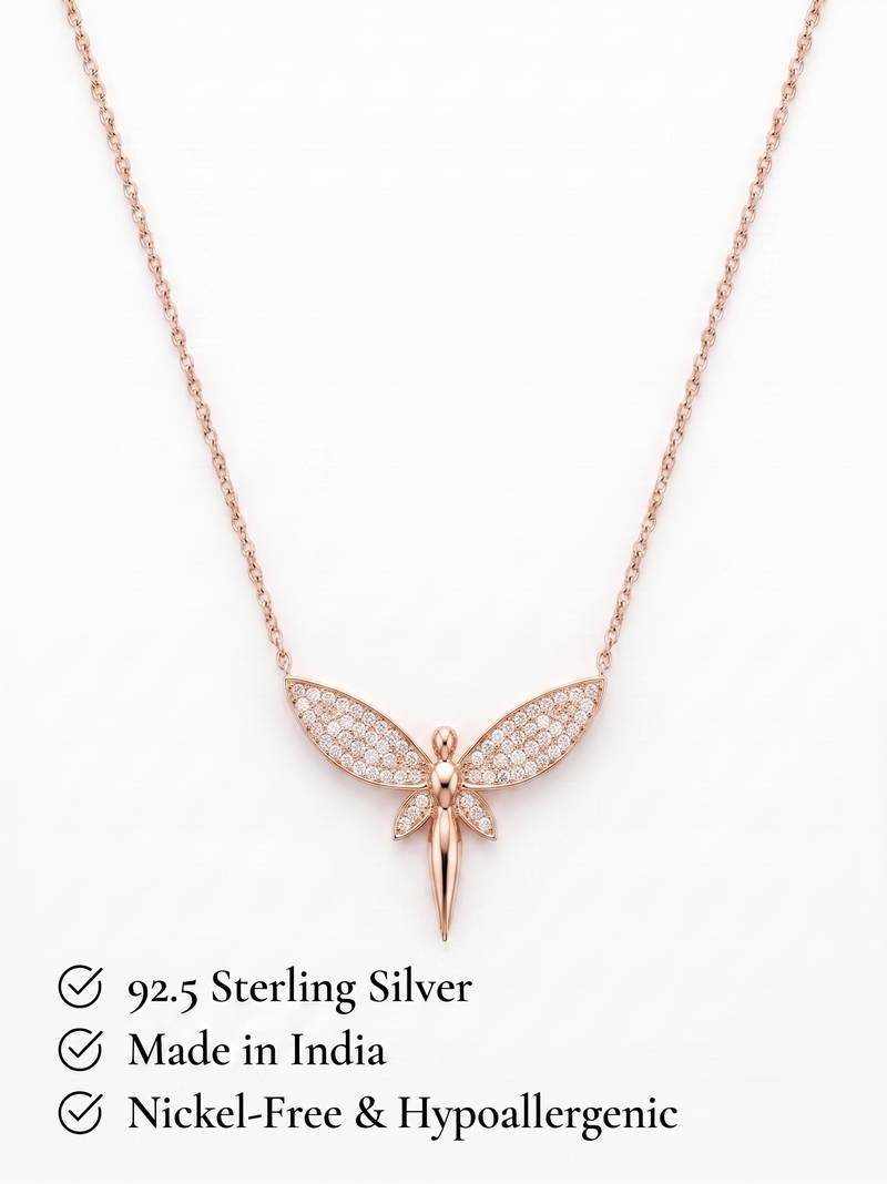 925 Sterling Silver Rose Gold CZ Fairy Angle  Pendant Necklace Set  for Women