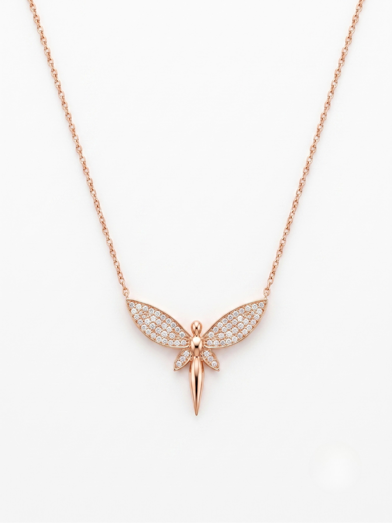 925 Sterling Silver Rose Gold CZ Fairy Angle  Pendant Necklace Set  for Women