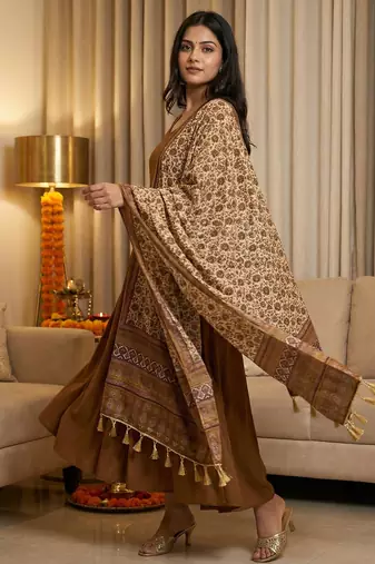 Block ethnic motif print  chinon silk dupatta