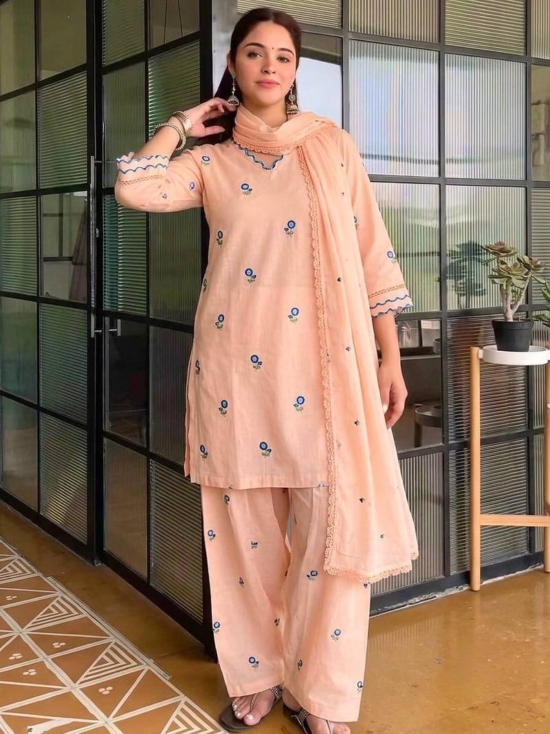 Peach Color Embroid0ery Work Silk Blend Salwar Suit 