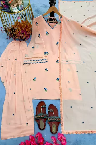 Peach Color Embroid0ery Work Silk Blend Salwar Suit 
