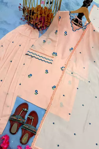 Peach Color Embroid0ery Work Silk Blend Salwar Suit 