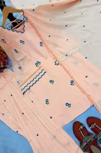 Peach Color Embroid0ery Work Silk Blend Salwar Suit 